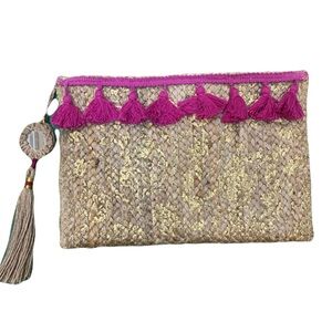 Shiraleah Chicago Zippered Natural and Gold Metallic Jute Tasseled Clutch NWOT